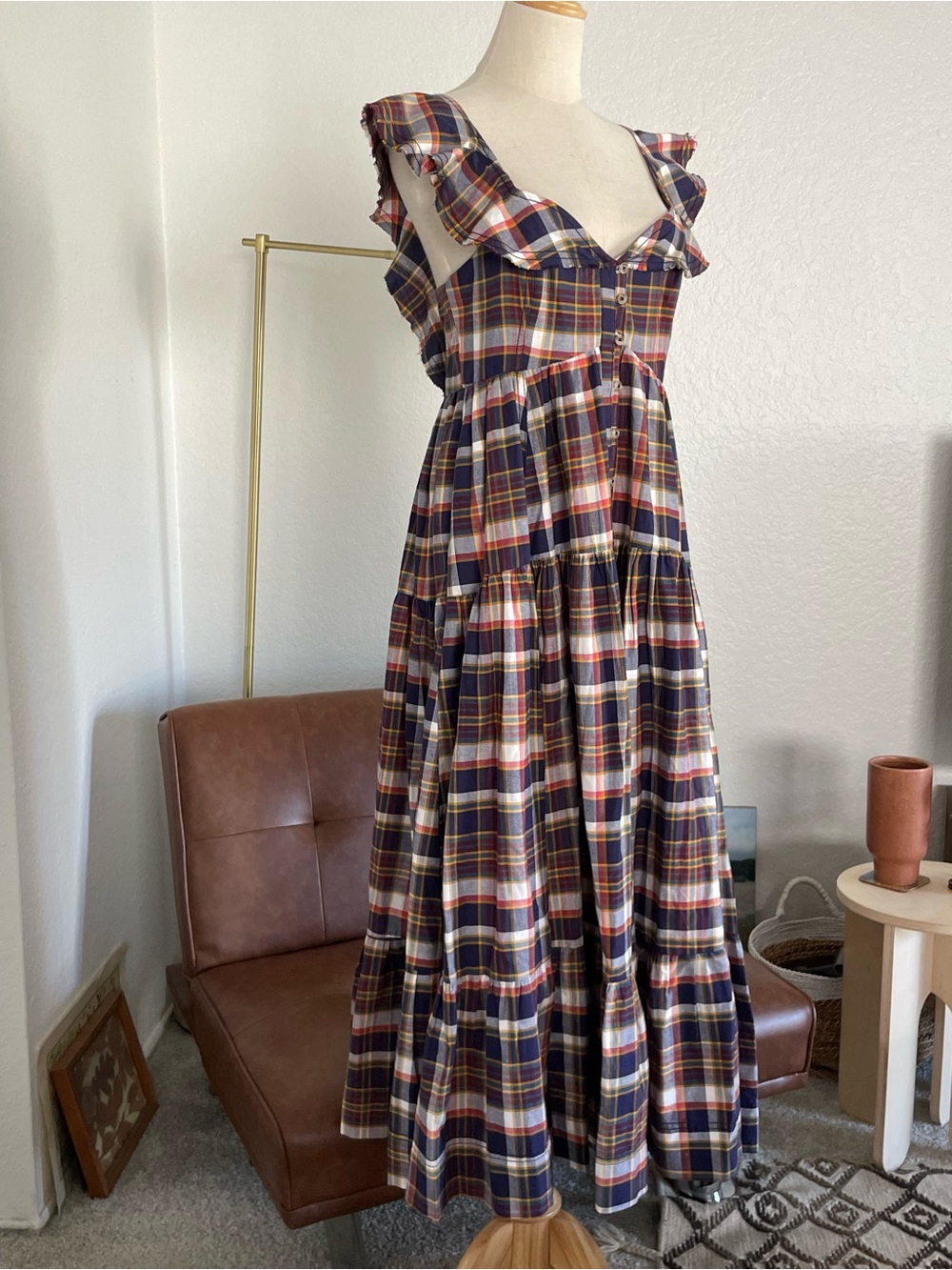 Anthropologie Pilcro Plaid Flannel Flutter Sleeve Buttoned Tiered Midi Dress - Picture 3 of 11